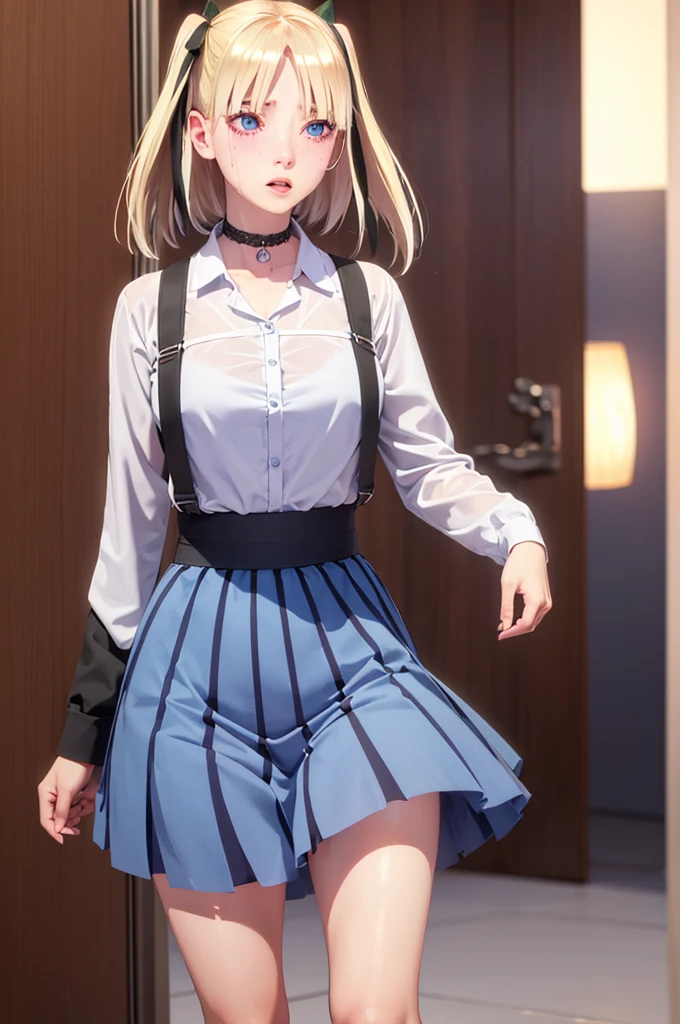 One girl,masterpiece,Highest quality,Blonde,stockings,Checked skirt),Short skirt JK,,Are standing,In total length,Medium chest,Very detailed,[[Realistic]],Beautiful and attractive anime teen,Enchanting anime girl,Swinging skirt,blue eyes, hair ornaments, Hair Ribbon,Show your forehead、Twin tails、Random colored see-through  uniform、Lace choker, short hair,,No bra,,Very detailed肌, Realistic texture、Very detailed顔, (Beautiful Fine Eyes, ,The girl has a toned figure., Intricate details,Closely、Embarrassed expression、blush、Shining Sweat、Perfect Skin,Sweat is noticeable,胸の谷間のSweat is noticeable、太もものSweat is noticeable、 Fair skin,Tight waist, Sweating profusely、Sweaty hair、Clothes that become transparent due to sweat、Sweaty、Visible sweat、Sweat-soaked hair、Athlete System、Cherry blossoms fluttering down、Silver Hair、Night cityscape。Reflection of light、moonlight、No sleeve、