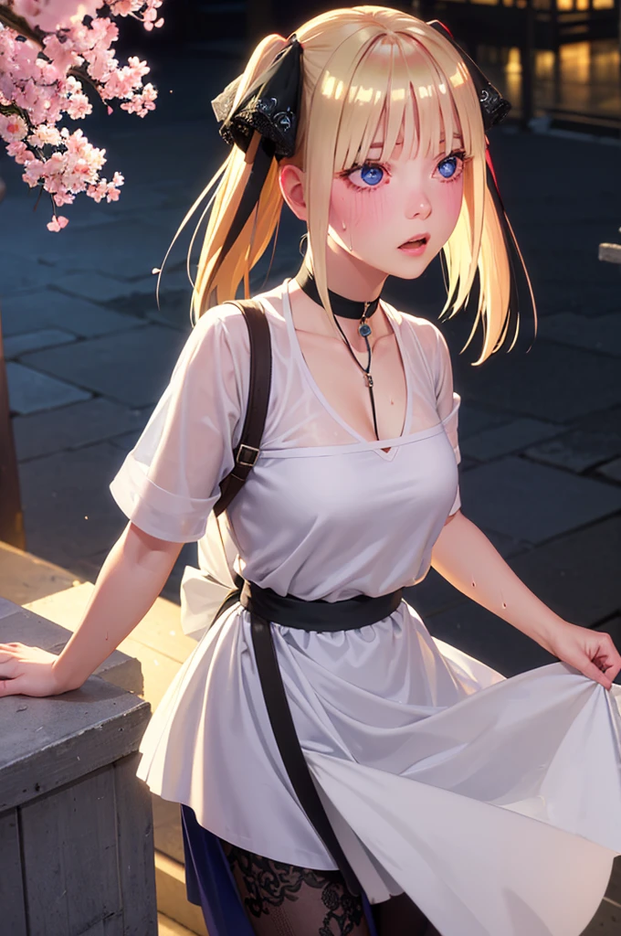 One girl,masterpiece,Highest quality,Blonde,stockings,Checked skirt),Short skirt JK,,Are standing,In total length,Medium chest,Very detailed,[[Realistic]],Beautiful and attractive anime ,Enchanting anime girl,Swinging skirt,blue eyes, hair ornaments, Hair Ribbon,Show your forehead、Twin tails、Random colored see-through  uniform、Lace choker, short hair,,No bra,,Very detailed肌, Realistic texture、Very detailed顔, (Beautiful Fine Eyes, ,The girl has a toned figure., Intricate details,Closely、Embarrassed expression、blush、Shining Sweat、Perfect Skin,Sweat is noticeable,胸の谷間のSweat is noticeable、太もものSweat is noticeable、 Fair skin,Tight waist, Sweating profusely、Sweaty hair、Clothes that become transparent due to sweat、Sweaty、Visible sweat、Sweat-soaked hair、Athlete System、Cherry blossoms fluttering down、Silver Hair、Night cityscape。Reflection of light、moonlight、No sleeve、