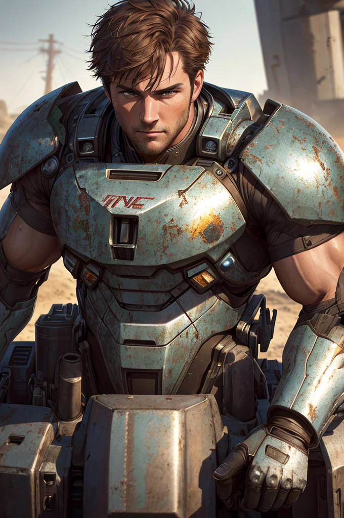 Realistic, masutepiece, Best Quality, Cinematic, Dynamic lighting, soft shadow, Highest detail, Professional Photography, Detailed background, depth of fields, Insane details, Convoluted, Aesthetic, Detailed face, Subsurface scattering, Realistic hair, Realistic eyes, 1boy, muscular, manly, (large pectoral muscles:1), pectoral muscles, Abs, Portrait photo of handsome man in a worn mech suit, Rusted metal, Sharp Focus, Photo by Mark Henderson, Soft lighting, Vibrant colors, Looking at Viewer, Robotic eyes,