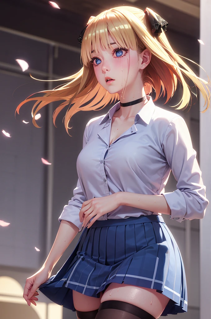 One girl,masterpiece,Highest quality,Blonde,stockings,Checked skirt),Short skirt JK,,Are standing,In total length,Medium chest,Very detailed,[[Realistic]],Beautiful and attractive anime ,Enchanting anime girl,Swinging skirt,blue eyes, hair ornaments, Hair Ribbon,Show your forehead、Twin tails、Random colored see-through  uniform、Lace choker, short hair,,No bra,,Very detailed肌, Realistic texture、Very detailed顔, (Beautiful Fine Eyes, ,The girl has a toned figure., Intricate details,Closely、Embarrassed expression、blush、Shining Sweat、Perfect Skin,Sweat is noticeable,胸の谷間のSweat is noticeable、太もものSweat is noticeable、 Fair skin,Tight waist, Sweating profusely、Sweaty hair、Clothes that become transparent due to sweat、Sweaty、Visible sweat、Sweat-soaked hair、Athlete System、Cherry blossoms fluttering down、Silver Hair、Night cityscape。Reflection of light、moonlight、No sleeve、