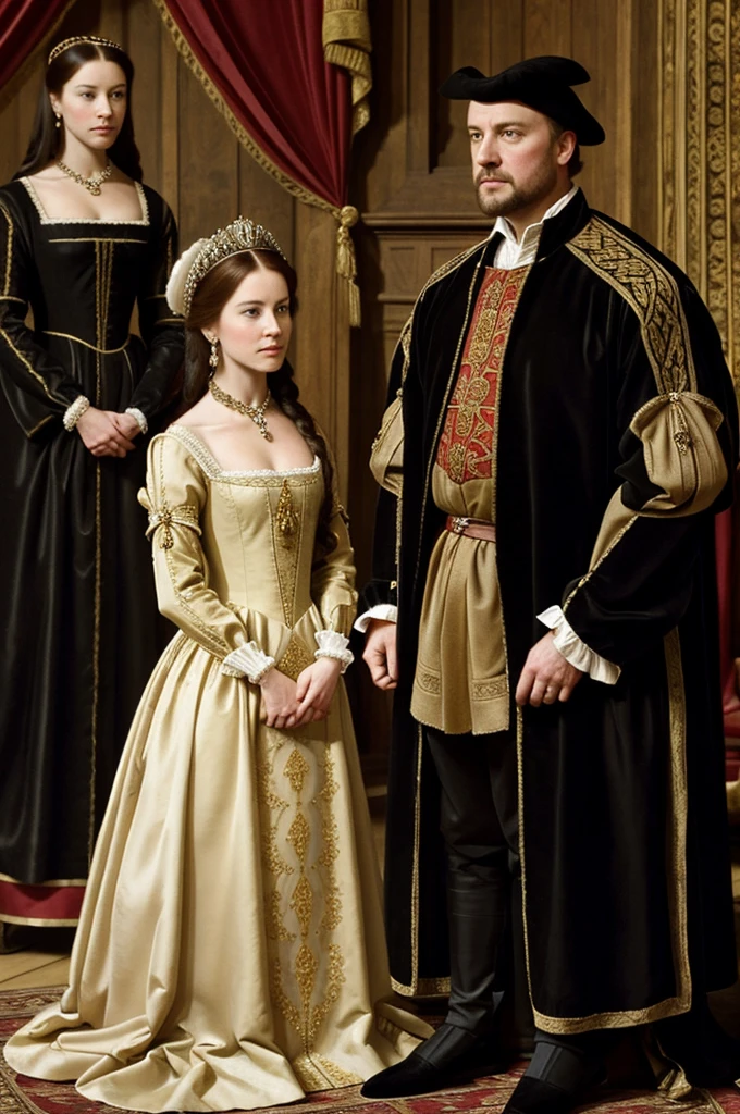 Prompt: "Anne Boleyn at the court of King Henry VIII, wearing an elegant dress, with King Henry looking at her with admiration. The scene should capture the opulence of the Tudor court."
Size: 1792x1024