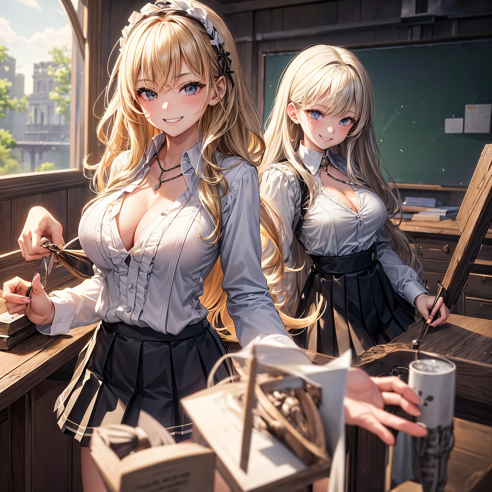 (masterpiece、Highest quality、Very detailed))、One Girl、Improve、blonde、Long Hair、Wavy Hair、Grey Eyes、Wicked Smile、((Grin))、((Very large breasts))、((White collared shirt))、necklace、Cleavage、nail、((Black pleated skirt))、((Micro Mini Skirt))、Cowboy Shot、Classroom Background