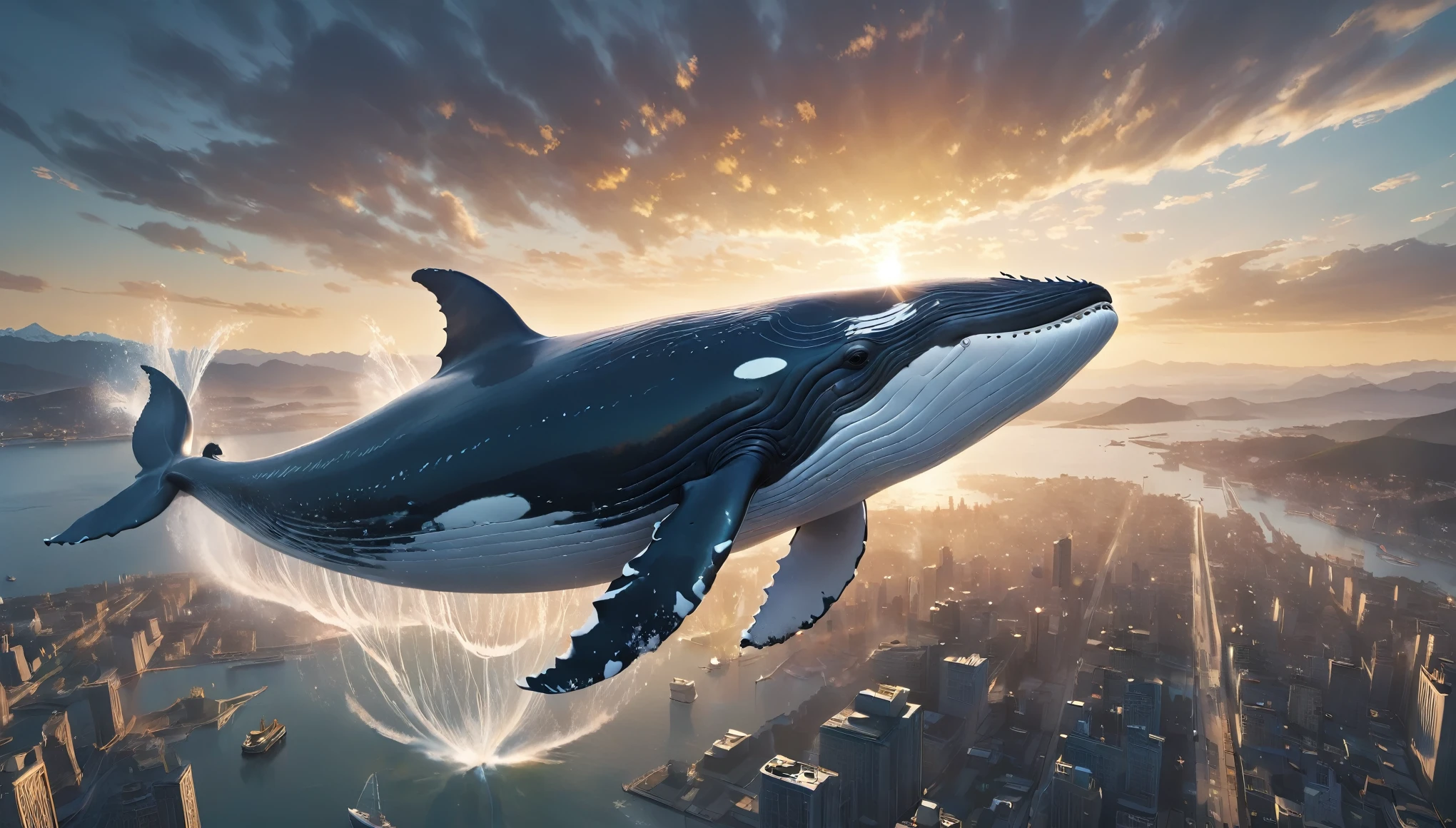 A large whale flying gracefully through the sky、Cinematic and dramatic lighting、Exquisitely drawn features、Complex feathery, wing-like appendages、The shining, mystical energy emanating from the whale、Dramatic cloudy skies、Golden Hour Lighting、The cityscape spreading out below, Cinematic depth of field、high altitude flight, Vibrant colors、Very sophisticated、(Highest quality、4K、8k、High resolution、masterpiece:1.2)、Ultra-compact、(Real、Photorealistic、Photorealistic:1.37)