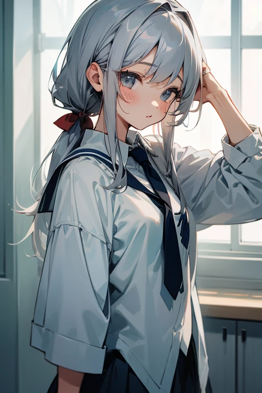 Gray Hair、cute、beauty、high school girl、Tie your hair back、