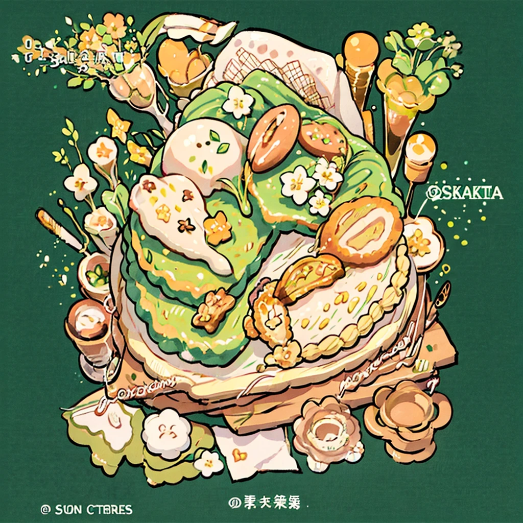 cute artstyle, matcha cake, milky, matcha green bread, bakery shop, theme, bread & cookies, green bread, paper bag filled with lots of bread , food menu list