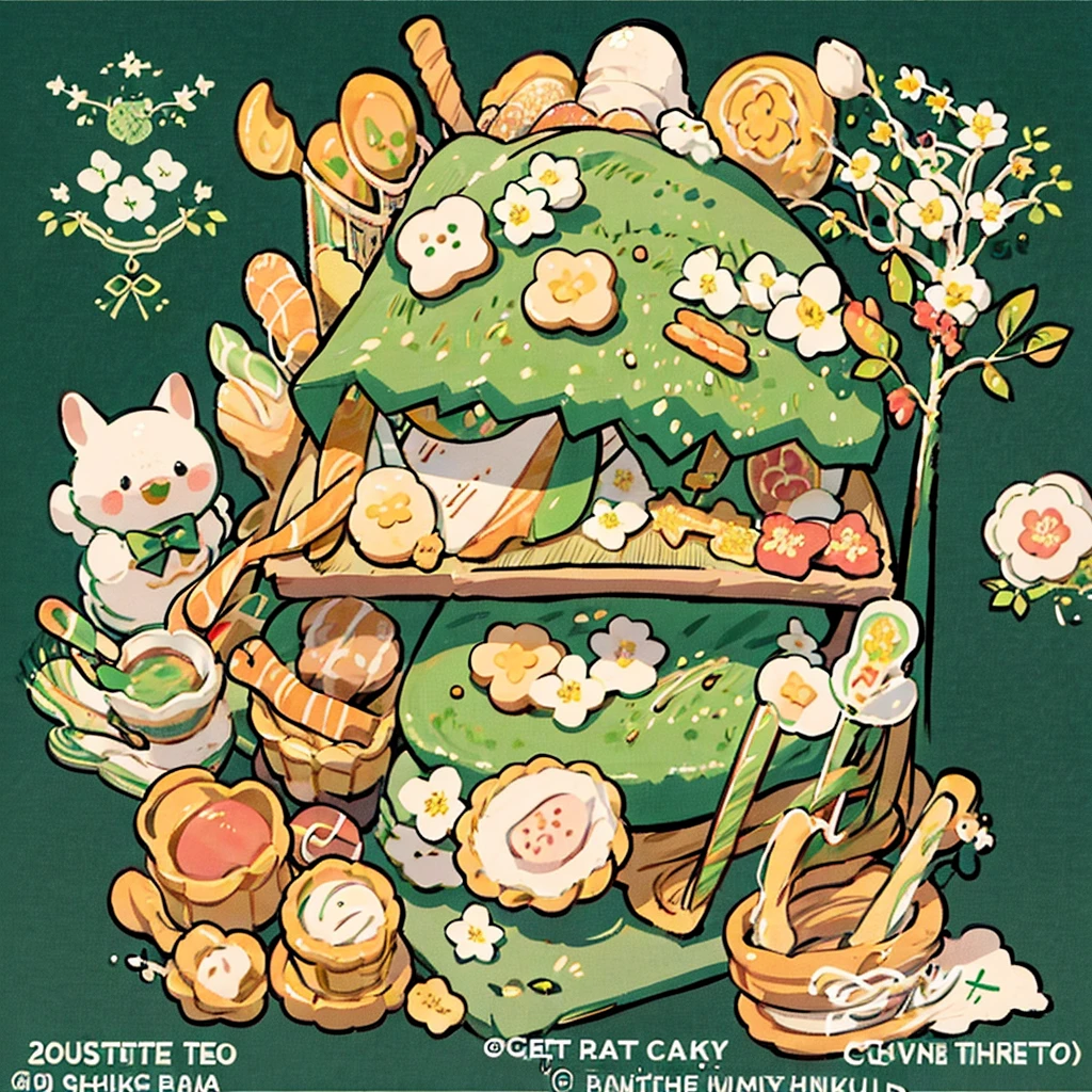 cute artstyle, matcha cake, milky, matcha green bread, bakery shop, theme, bread & cookies, green bread, paper bag filled with lots of bread , food menu list