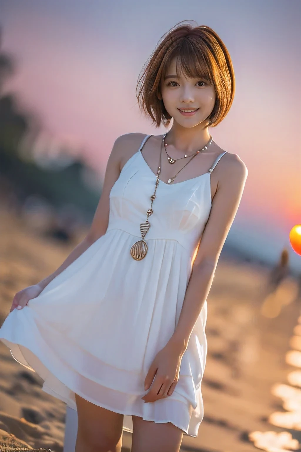 (Standing on the beach watching the sunset:1.5)、(A kind smile:1.5)、(18-year-old female:1.5)、(The best quality at its best:1.4), (Super detailed), (Very detailed CG unified 16k), Beautiful woman with perfect figure: 1.4, Sharp focus: 1.2, Very detailed, High-quality RAW color photos, Professional photography, Great face and eyes, cosmetics, (Amazingly beautiful girl), ((Cute white dress:1.5)), Realistic movie faces, Full body long view from head to toe, Realistic, ((Realistic natural orange red hairstyle)), ( Short Bob Hair:1.5), (necklace:1.5)、, Very beautiful face, Perfect model beauty, Mouth swelling, Highly detailed face and skin texture, Fine grain, double eyelid, Medium chest, (masterpiece), Highest quality, High resolution, Very detailed, Blurred Background, Depth of written boundary, Cinema Lighting, Great legs, , Clear, well-maintained skin,((Full body shot from head to toe:1.5))