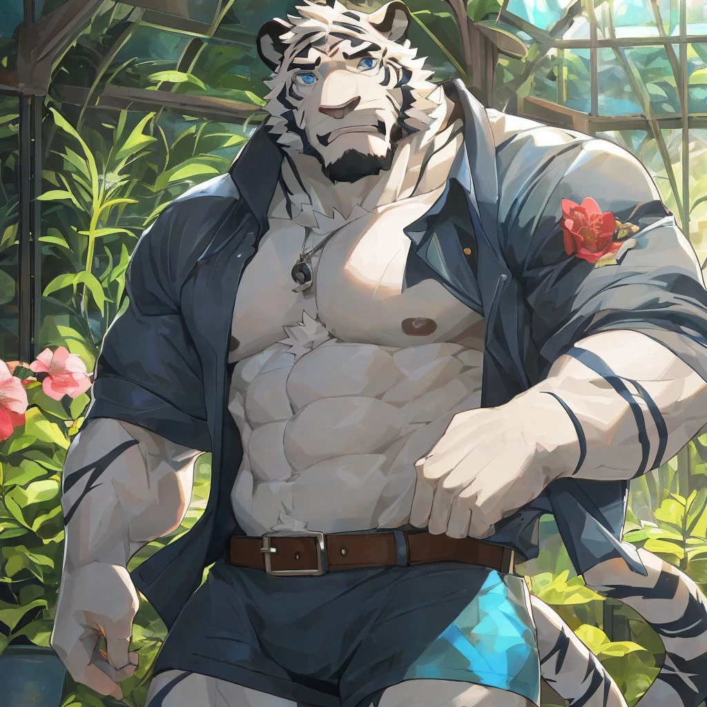 masterpiece,best quality,greenhouse,Sunlight,Flowers,plant,Male focus,Tiger-type orcs,(Sporty:1.5), (White fur,Black eyebrows:1.5), Agate-colored eyes,Black Nose,Five fingers,Strong body,Pectoralis major,Eight-pack abs,belt,Transparent raincoat,Clothes unbuttoned to reveal chest muscles
