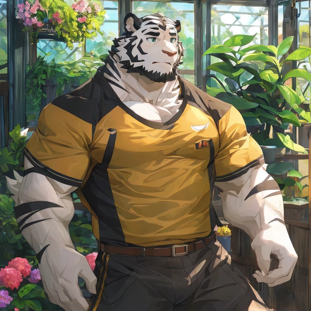 masterpiece,best quality,greenhouse,Sunlight,Flowers,plant,Male focus,Tiger-type orcs,(Sporty:1.5), (White fur,Black eyebrows:1.5), Agate-colored eyes,Black Nose,Five fingers,Strong body,Pectoralis major,Eight-pack abs,belt,Transparent raincoat,Clothes unbuttoned to reveal chest muscles