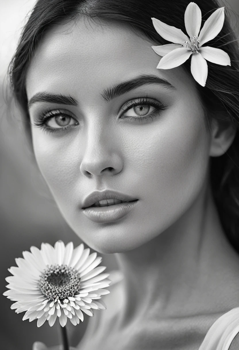 A black and white photo in raw format, zooming in on the intricate details of a woman's face, revealing her delicate skin and her expressive eyes. Frame the shot with a solitary striking flower, delicately held in the woman's hand, adding a touch of softness and femininity to the composition, enhancing the dramatic contrast and textures of the monochrome image.