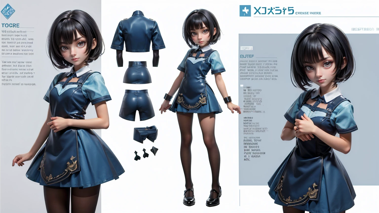 cute girl in a short gaming dress , short hairs, , blue dress, smiling face, short  dress full straight standing pose, 14yo student, Character Sheet, Full body, modern girl, games girl, Simple white background, character reference sheet, Concept art, design sheet, HD, full body 