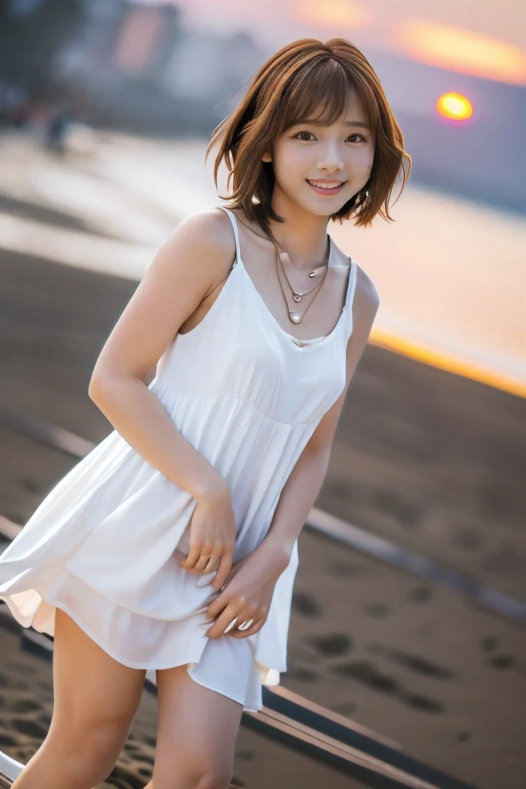 (Standing on the beach watching the sunset:1.5)、(A kind smile:1.5)、(18-year-old female:1.5)、(The best quality at its best:1.4), (Super detailed), (Very detailed CG unified 16k), Beautiful woman with perfect figure: 1.4, Sharp focus: 1.2, Very detailed, High-quality RAW color photos, Professional photography, Great face and eyes, cosmetics, (Amazingly beautiful girl), ((Cute white dress:1.5)), Realistic movie faces, Full body long view from head to toe, Realistic, ((Realistic natural orange red hairstyle)), ( Short Bob Hair:1.5), (necklace:1.5)、, Very beautiful face, Perfect model beauty, Mouth swelling, Highly detailed face and skin texture, Fine grain, double eyelid, Medium chest, (masterpiece), Highest quality, High resolution, Very detailed, Blurred Background, Depth of written boundary, Cinema Lighting, Great legs, , Clear, well-maintained skin,((Full body shot from head to toe:1.5))
