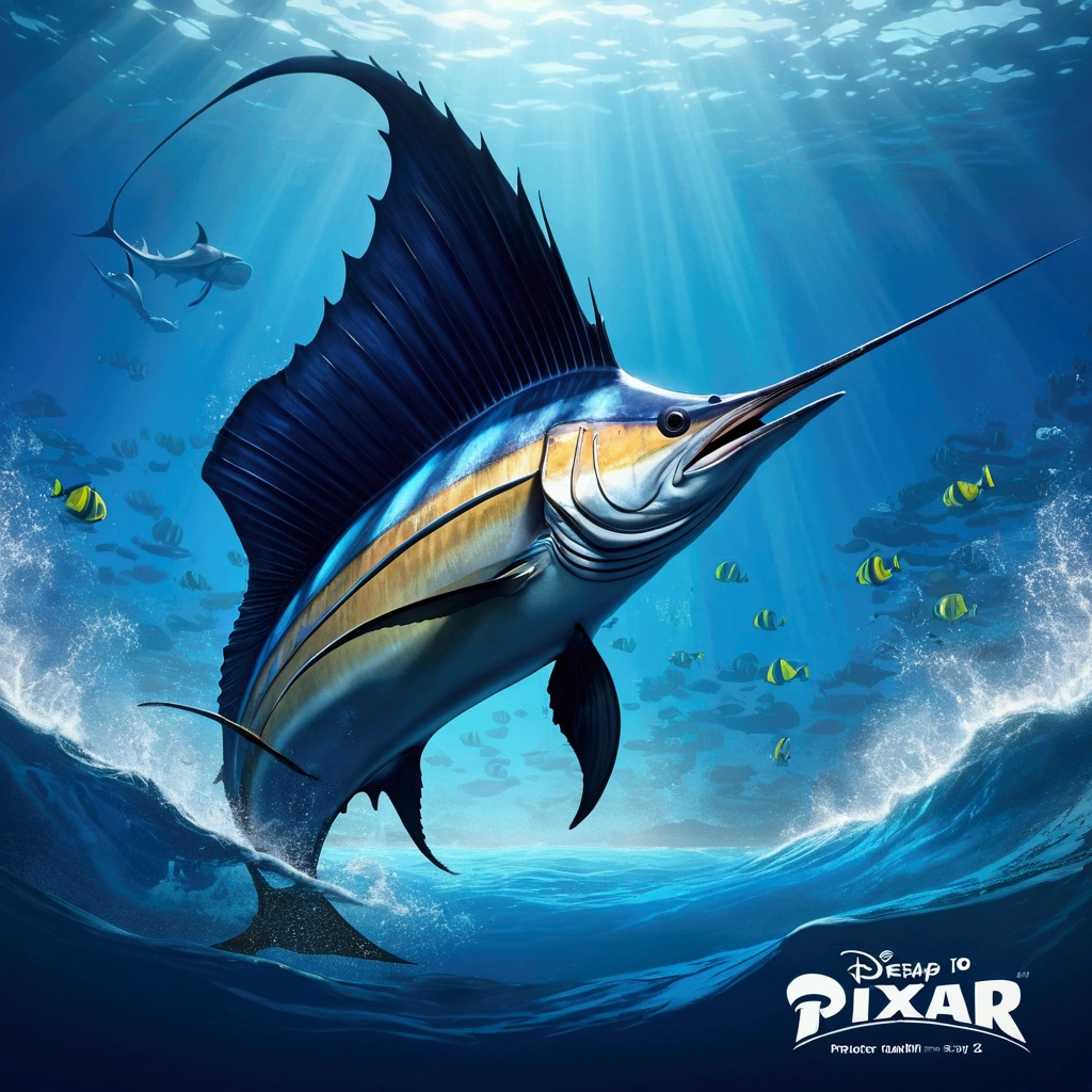 Giant sailfish, pixar cartoon style,masterpiece, best quality