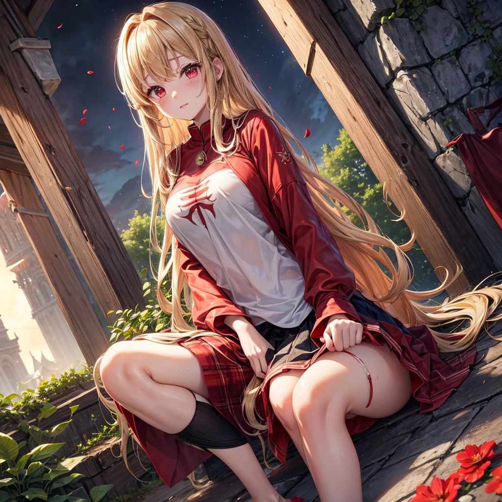 Red gold blonde、Red eyes、One cute girl、solo、And soul、Light clothing、Checked mini skirt、petal、Wet hair、Sit on、black t-shirts、large tree、cloud、full moon、monster castle、lanthanum、Hell's Gate、Craft Gatekeeper