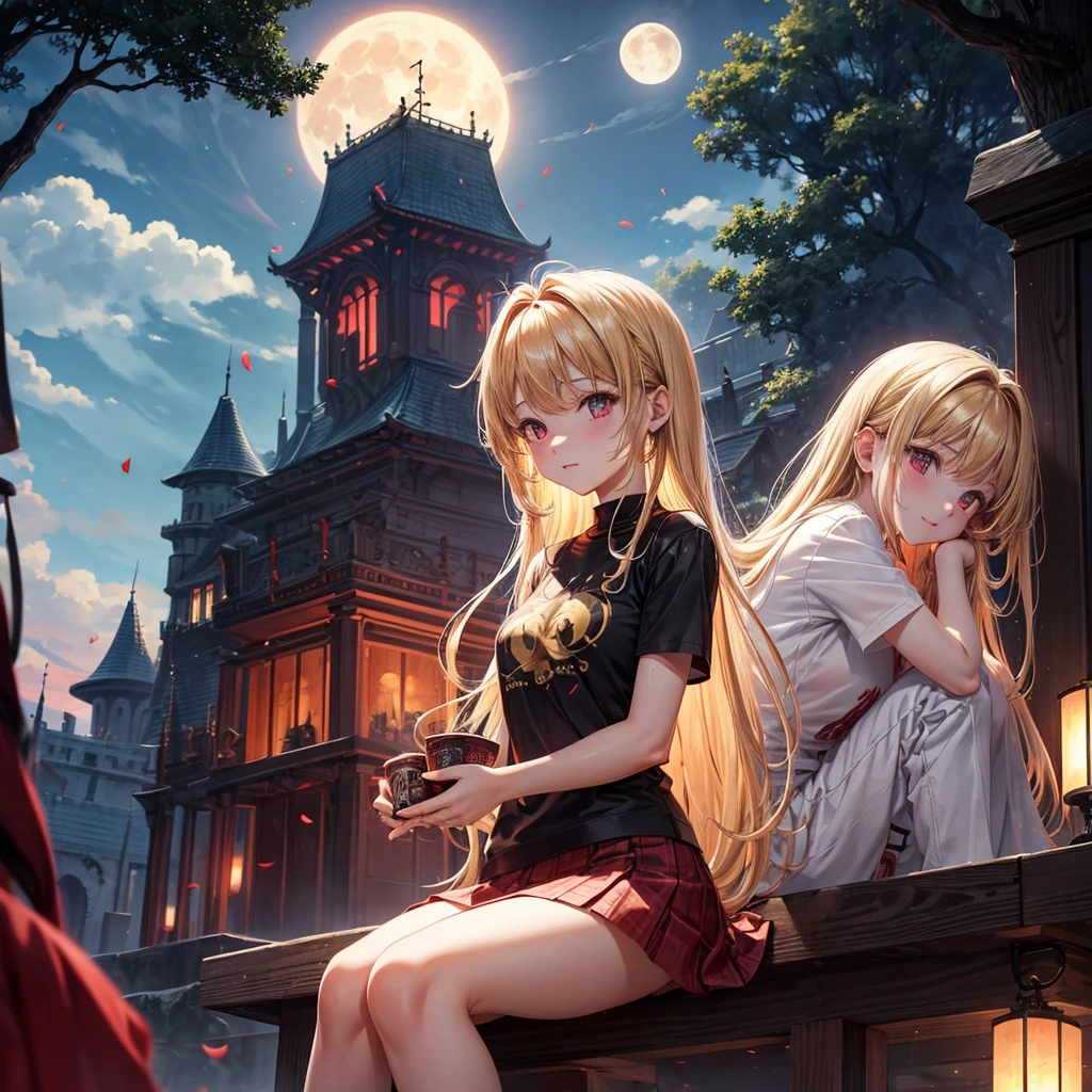 Red gold blonde、Red eyes、One cute girl、solo、And soul、Light clothing、Checked mini skirt、petal、Wet hair、Sit on、black t-shirts、large tree、cloud、full moon、monster castle、lanthanum、Hell&#39;s Gate、Craft Gatekeeper