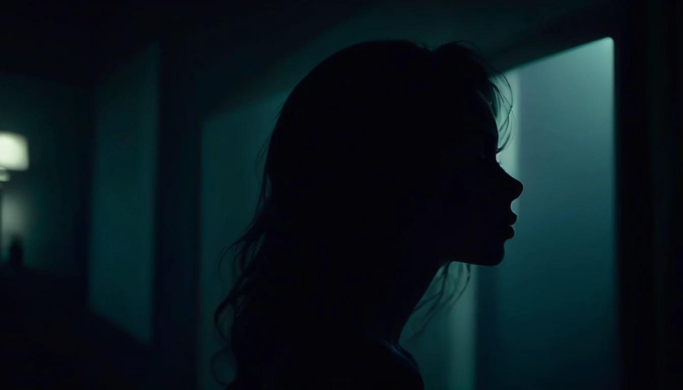 a silhouette of a woman sleepwalking at night, beautiful detailed eyes, beautiful detailed lips, extremely detailed eyes and face, long eyelashes, wandering through a room, moonlit night, dramatic lighting, moody atmosphere, dark shadows, mystical, ethereal, (best quality, 4k, 8k, highres, masterpiece:1.2), ultra-detailed, (realistic, photorealistic, photo-realistic:1.37), cinematic, dramatic, mysterious, surreal, melancholy, soft colors, cool tones