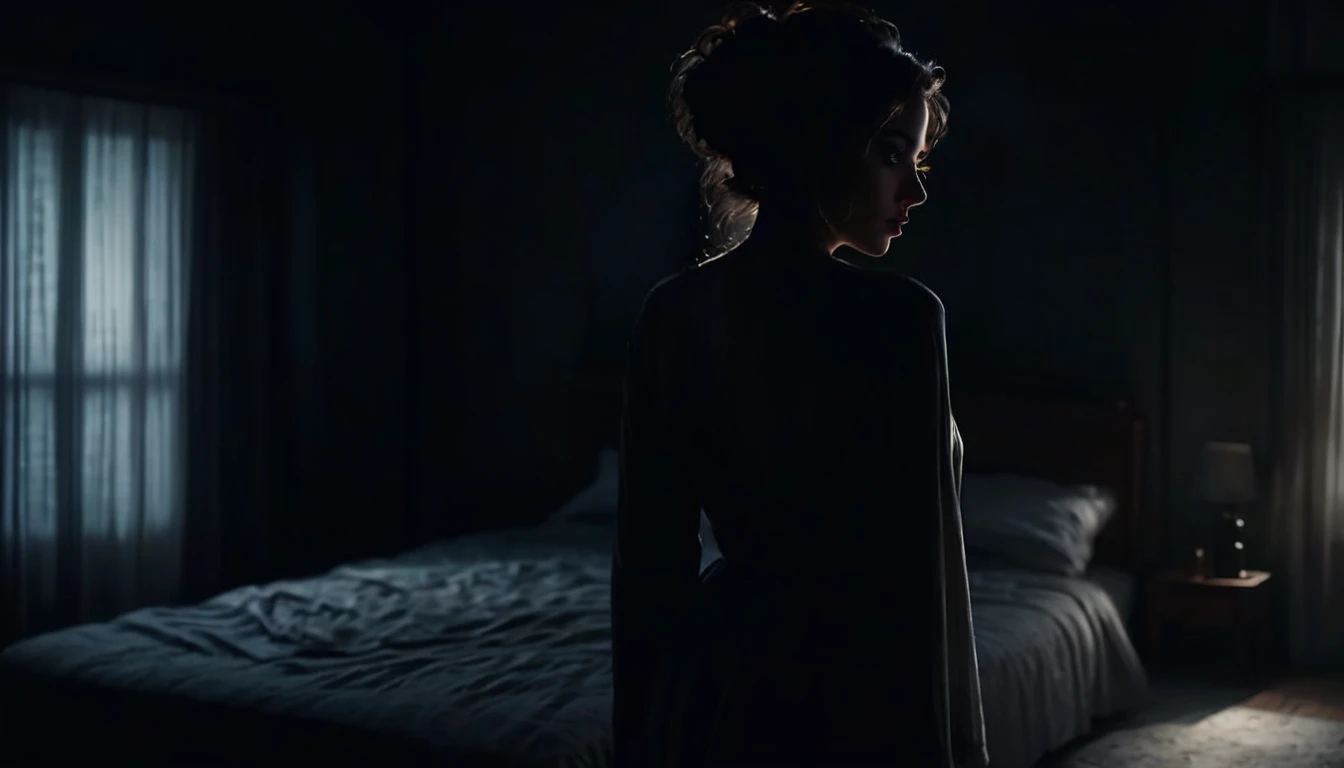 a silhouette of a woman sleepwalking at night, beautiful detailed eyes, beautiful detailed lips, extremely detailed eyes and face, long eyelashes, wandering through a room, moonlit night, dramatic lighting, moody atmosphere, dark shadows, mystical, ethereal, (best quality, 4k, 8k, highres, masterpiece:1.2), ultra-detailed, (realistic, photorealistic, photo-realistic:1.37), cinematic, dramatic, mysterious, surreal, melancholy, soft colors, cool tones
