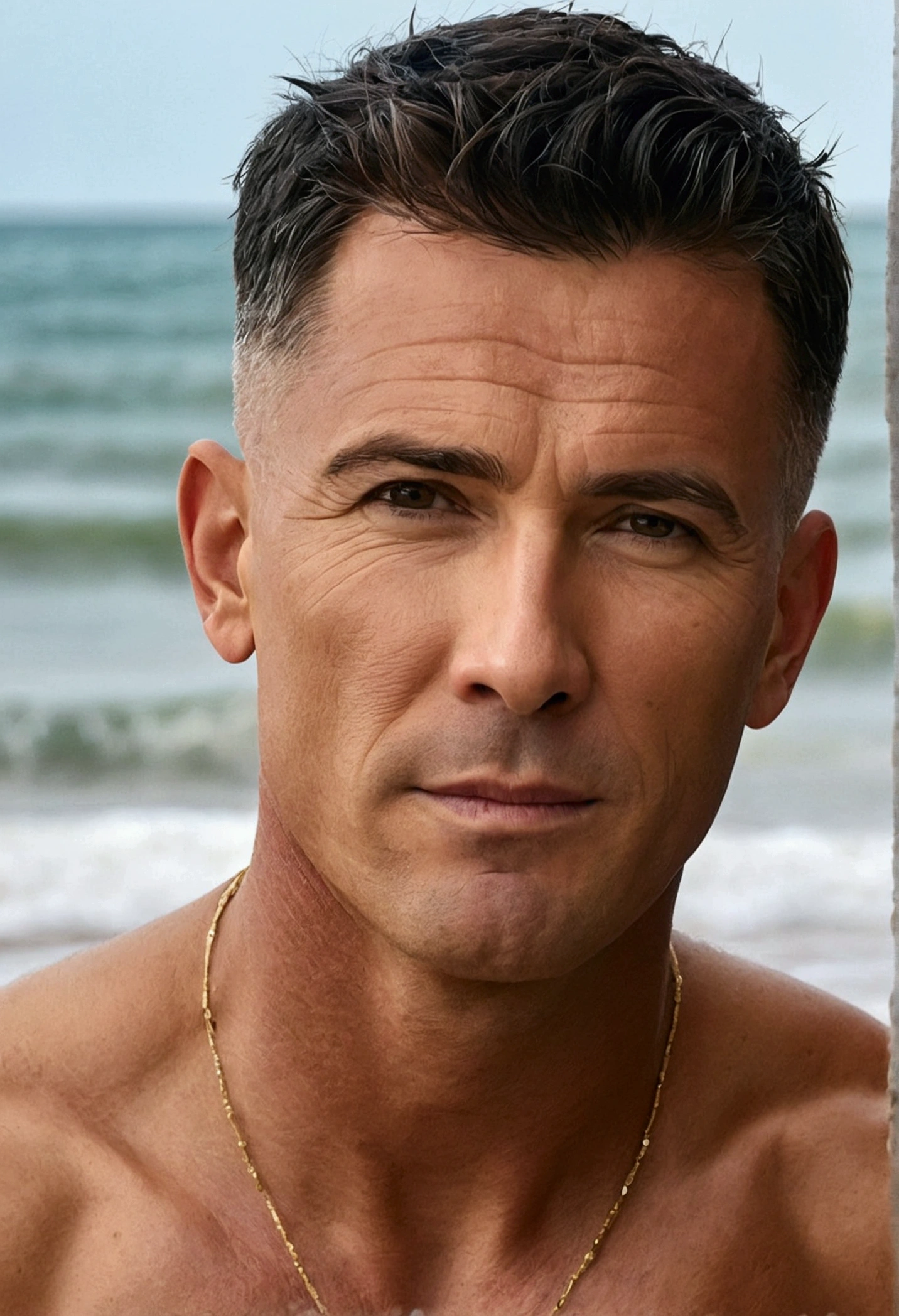 Man 40 athletic build short haircut on the beach