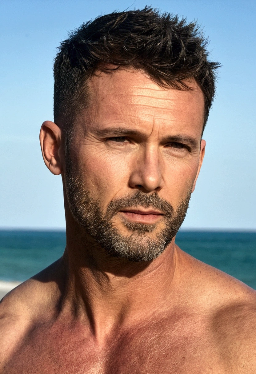 Man 40 athletic build short haircut on the beach