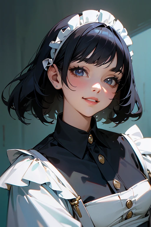 (Highest Resolution, clear_image) Highest quality, single, One woman, alone, masterpiece, Very detailed, Semi-realistic, Black Hairのショートヘア, Black Hair, bangs, 18-year-old, mature, Light blue , Indoor Background, kind, Authoritative, Powerful, exquisite features, exquisite features、Eyelashes become longer、Showing teeth、smile😀、Maid clothes、woman'Fingers in the、Sleeping on the sofa、Long Hair、Fluttering in the wind、Run、