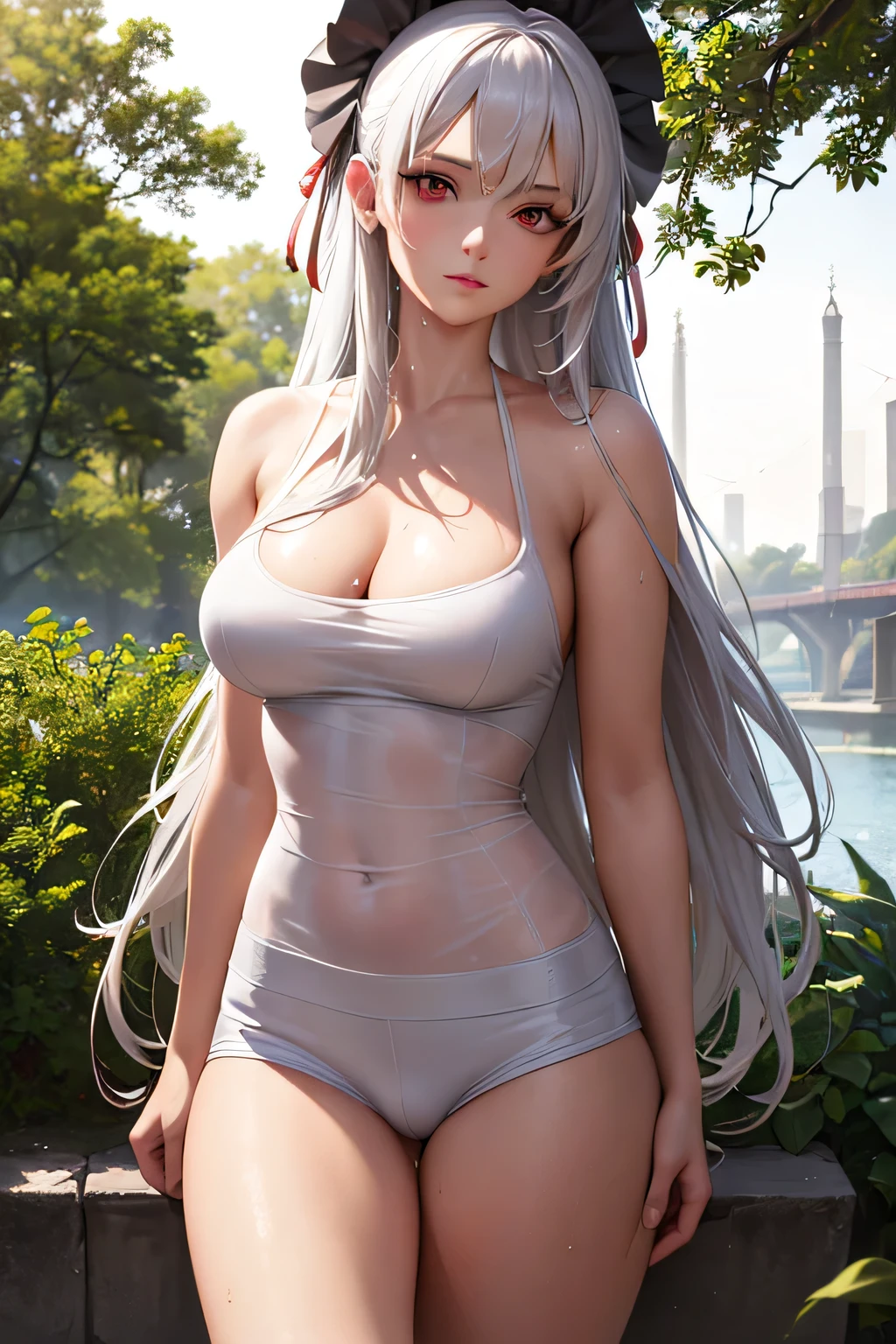 masterpiece, top quality, super detailed, high resolution, (realistic, photorealistic:1.37), excellent anatomy, beautiful 1 woman, long hair, white hair, half up style hair, red ribbons in right side hair, red eyes, medium breasts, white tank top, medium shorts, she wet, wet clothes sticking to her body, outdoor, public park, looking at viewers, best light, best shadow, mysterious, perfect face, highly detailed,