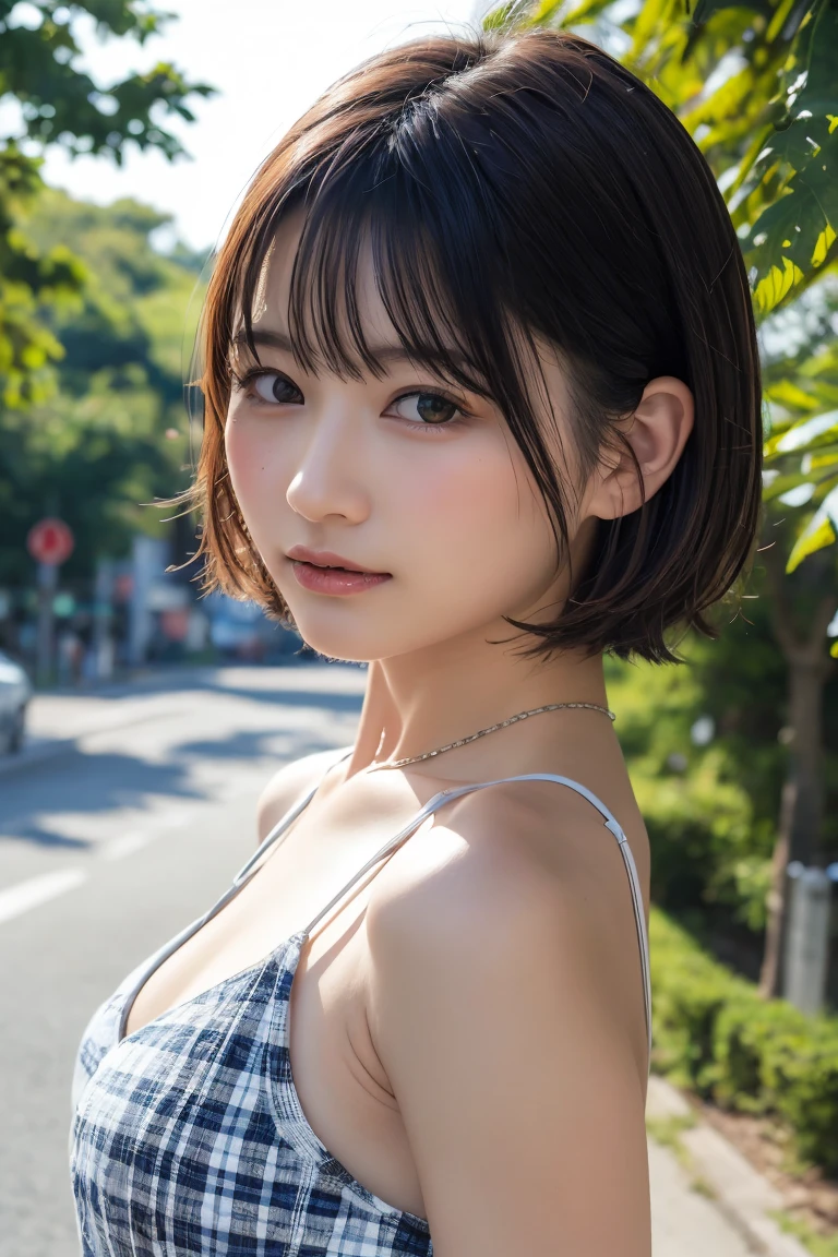 ((8k:1.27)、Highest quality、masterpiece、Ultra-high resolution:1.2)Beautiful Japanese Women Photos(fun:1.1) grayス、There are some good ones too、Gradient lighting、One Girl、Delicate skin、Look at this、Brown eyes、(Short hair with bangs:1.2)、(Central areola:0.8)、(Realistic:1.4)、(Highest quality:1.0)、(Ultra-high resolution:1.0)、8k、Original photo、(masterpiece:0.2)、(The face of pure love_v1:0.5)、 結び目のあるショルダーPlaidのドレス、Spaghetti Straps、Spaghetti Straps、Plaid、Super mini length、Multicolor、gray、Sleeveless、Round neck、What can I do for you??、Staring at this、Omotesando in the morning、street tree、Stylish city views、theme、Tilt、Look at this、lol、Futomo、A little thick、Big Ass、necklace、SLR、Morning light、The morning sun is dazzling、