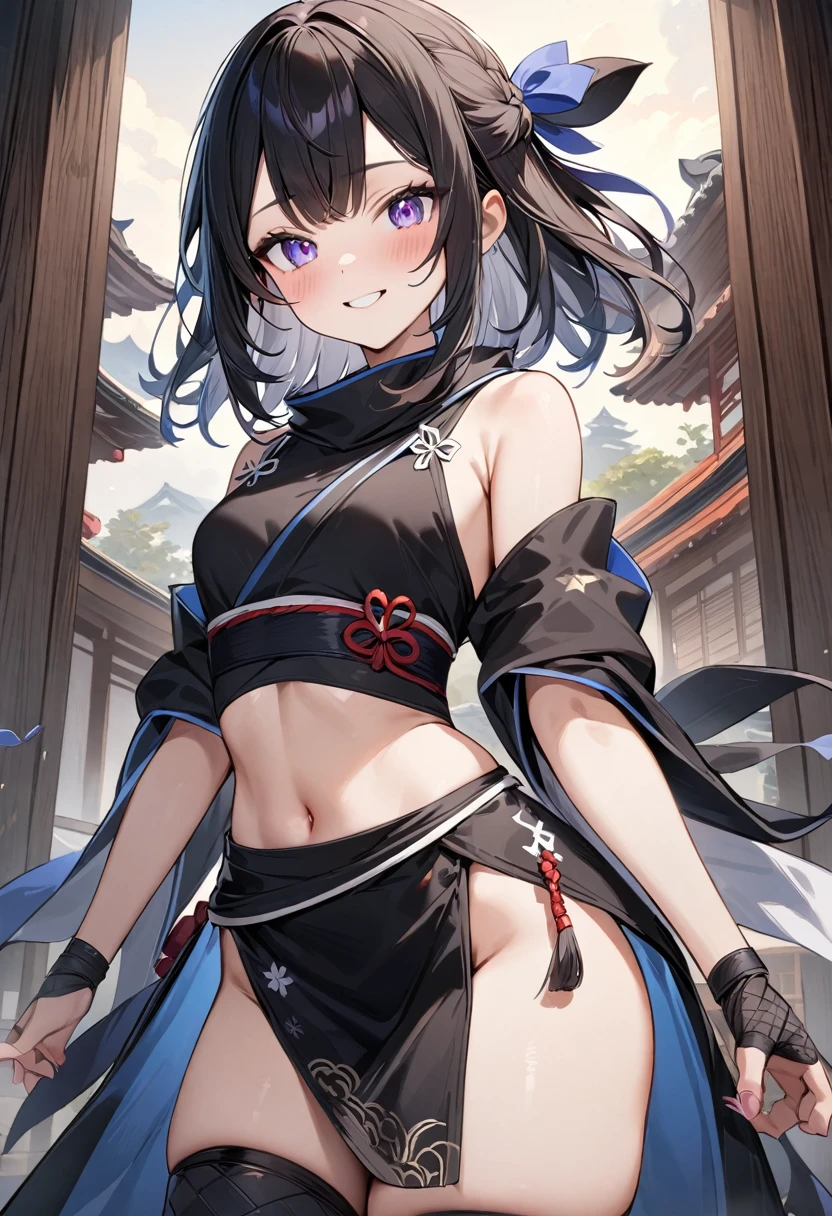 (masterpiece, top quality, very aesthetic, 4k、illustration), intricate detail, 1girl,Standing 、(cowboy shot)、Randomsmile、()、,
Cute 、Random Hair Color、,middle hair,sidelock ,Random Color eyes、ninja clothes、small breasts、Slim 、