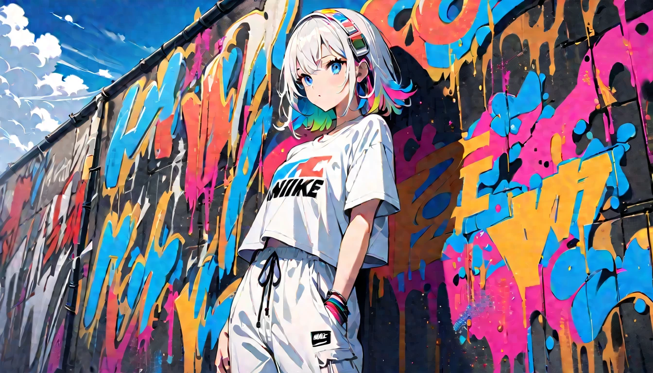 HD 8K Handsome sexy-cute, Solitary, 1 female, Medium Length Hair, white hair, Rainbow hair, blue Eyes, Rainbow headphone, White Big t-shirt, White cargo pants, Hip-hop style, White hairband sneakers logo to NIKE, Human focus, outdoor, blue sky, White clouds, graffiti spray art wall,