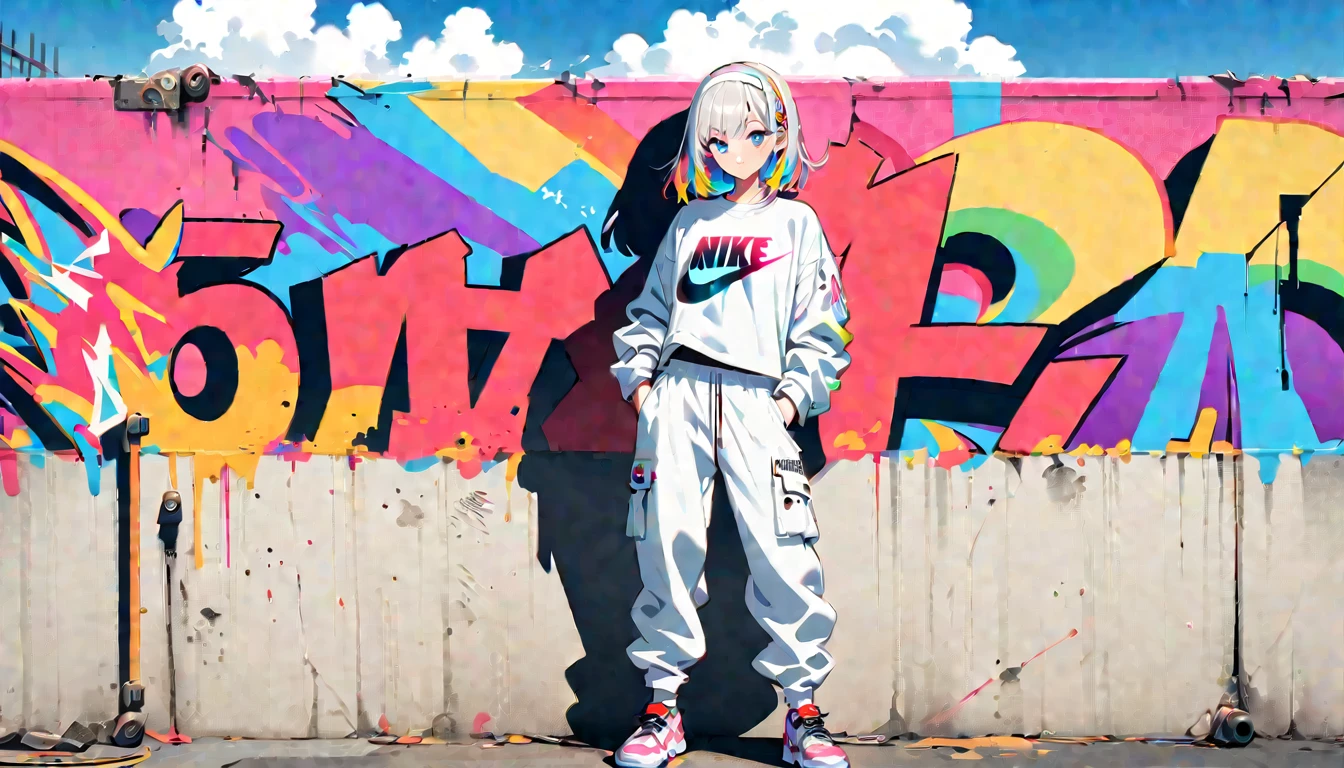 HD 8K Handsome sexy-cute, Solitary, 1 female, Medium Length Hair, white hair, Rainbow hair, blue Eyes, Rainbow headphone, White Big t-shirt, White cargo pants, Hip-hop style, White hairband sneakers logo to NIKE, Human focus, outdoor, blue sky, White clouds, graffiti spray art wall,