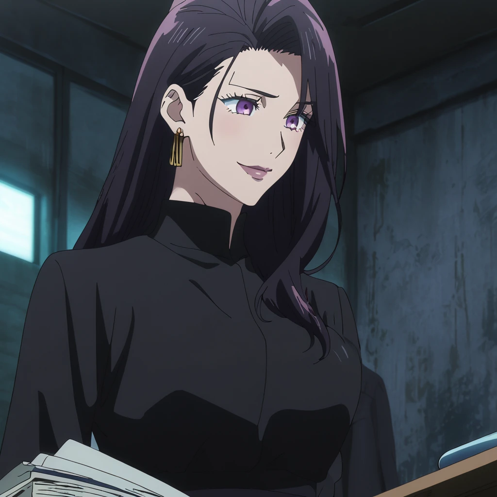 1girl, female gojo satoru, anime screencap from jujutsu kaisen, gojo satoru female version, solo, long_hair, ((purple eyes)) ((Black_hair, hair over ear from one side))((slicked hair)) , night view, (hanging breasts) upper_body, smile, indoors, book, lips, (long hair) ((wearing black colour outfit, glossy)) breast, "very detailed and high resolution" (purple eyes) ((solo)) (((front view))) (earings) ((high resolution)) ((good quality)) ((silky hair, hair over ear from one side))((hair slicked)) ((shy))