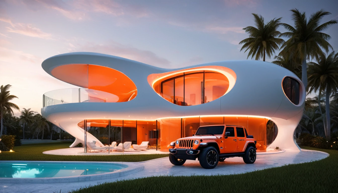 a futuristic house with an orange jeep wrangler parked in front of it, cgsocietywlop, beautiful curves, intricate devilish designs, qualia, interesting shapes & form, wow factor, elaborate polished, architectural rendering, miami, orange soft lighting in interior of house, futuristic battlefield, inspired by James E. Brewton, precise architectural rendering