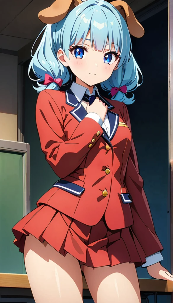 (anime artwork, anime style, studio anime, very detailed, up to date, vibrant, Anime Coloring, high contrast, masterpiece:1.2, best quality, best aesthetics),military girl, pleated skirt, Medium chest, A glimpse of thighs, blue twintail hair, One eye is hidden by the bangs, perfect proportions, high detail skin, Cute, detailed faces, random sexy pose, school classroom, precise fingers,dog ears ,panty shot