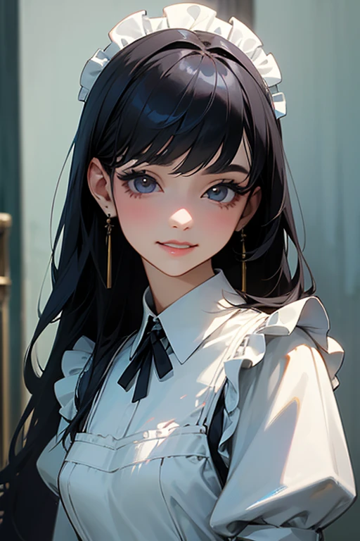(Highest Resolution, clear_image) Highest quality, single, One woman, alone, masterpiece, Very detailed, Semi-realistic, Black Hairのショートヘア, Black Hair, bangs, 18-year-old, mature, Light blue , Indoor Background, kind, Authoritative, Powerful, exquisite features, exquisite features、Eyelashes become longer、Showing teeth、smile😀、Maid clothes、woman'Fingers in the、Sleeping on the sofa、Long Hair、Fluttering in the wind、Run、