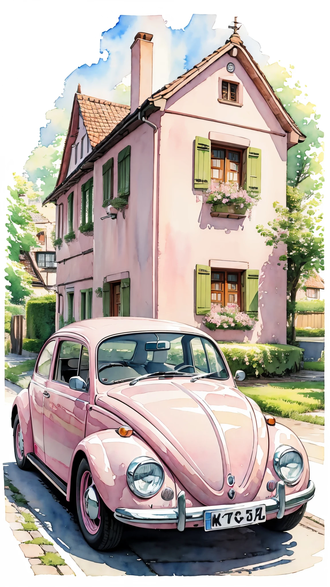 (masterpiece:1.2, Highest quality),(Very detailed),(watercolor),8k,wallpaper,Pink Volkswagen Beetle,Germany,(((Ghibli style)))