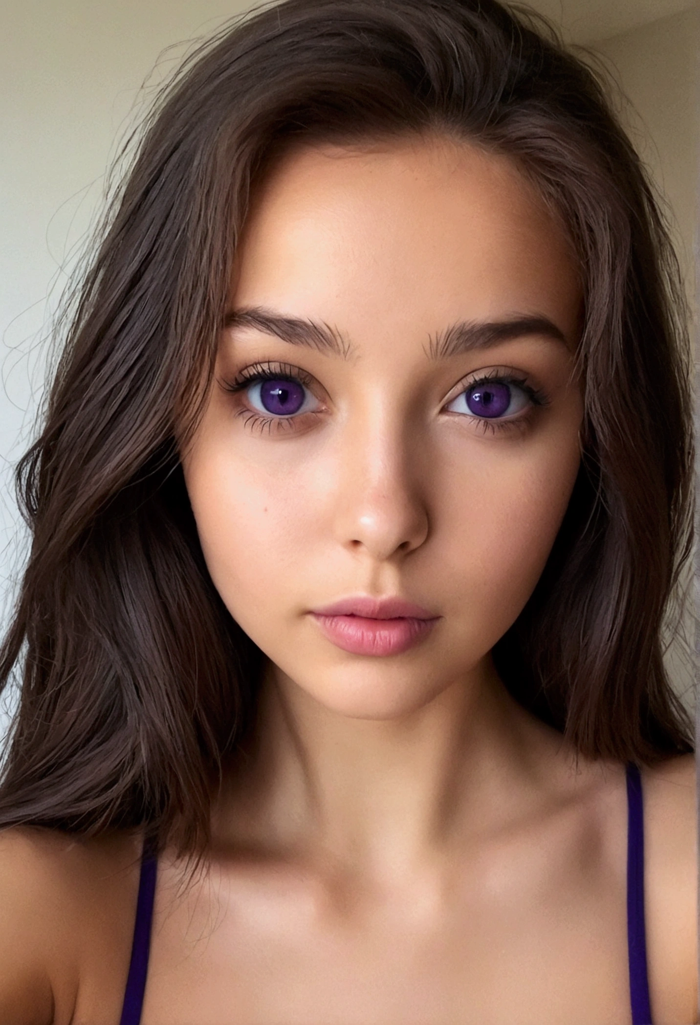 arafed, femme, à, vêtements noirs, fille sexy aux yeux marrons, portrait sophie mudd, cheveux bruns et grands yeux, selfie d&#39;une jeune femme, yeux de la chambre, violette myers, sans maquillage, maquillage naturel, regarder directement la caméra, visage avec artgram, maquillage subtil, superbe photo de tout le corps, dans la chambre, clivage, maillot de bain. 