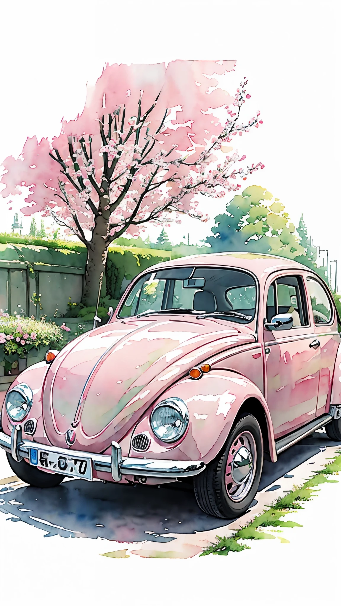 (masterpiece:1.2, Highest quality),(Very detailed),(watercolor),8k,wallpaper,Pink Volkswagen Beetle,Germany,(((Ghibli style)))