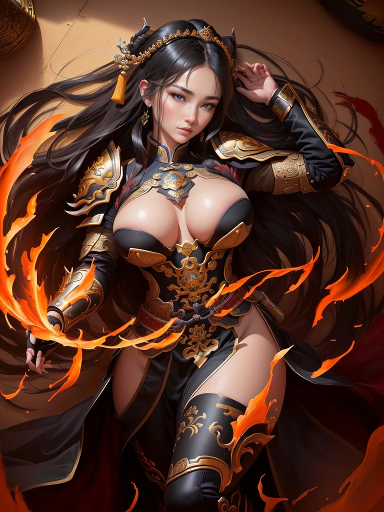 a painting of a woman with an armor, inspired by Li Kan, bian lian, guan yu, inspired by Hu Zaobin, inspired by Huang Ding, inspired by Huang Shen, inspired by Wu Bin, inspired by Li Gonglin, inspired by Zhao Zuo, inspired by Pu Hua, inspired by Cao Zhibai, chinese three kingdoms, Highly detailed CG unit 8k wallpaper, masterpiece, High resolution, highest quality, highest quality real texture skin, Super Real, Digital Painting, Best image quality, 最High resolution, 8k, (((Highly detailed eyes and face, Beautiful eyes every detail))), disproportionate breasts, huge breasts, sagging breasts, gigantic breasts, black hair, 