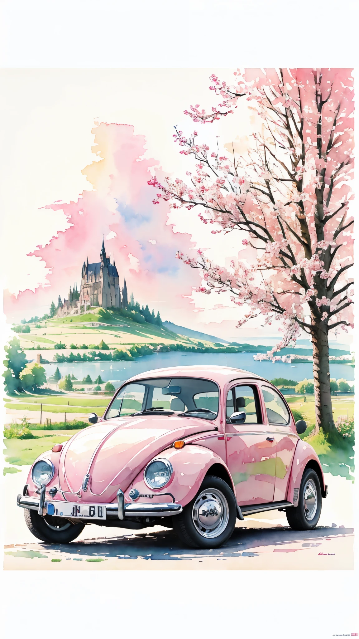 (masterpiece:1.2, Highest quality),(Very detailed),(watercolor),8k,wallpaper,Pink Volkswagen Beetle,German landscape