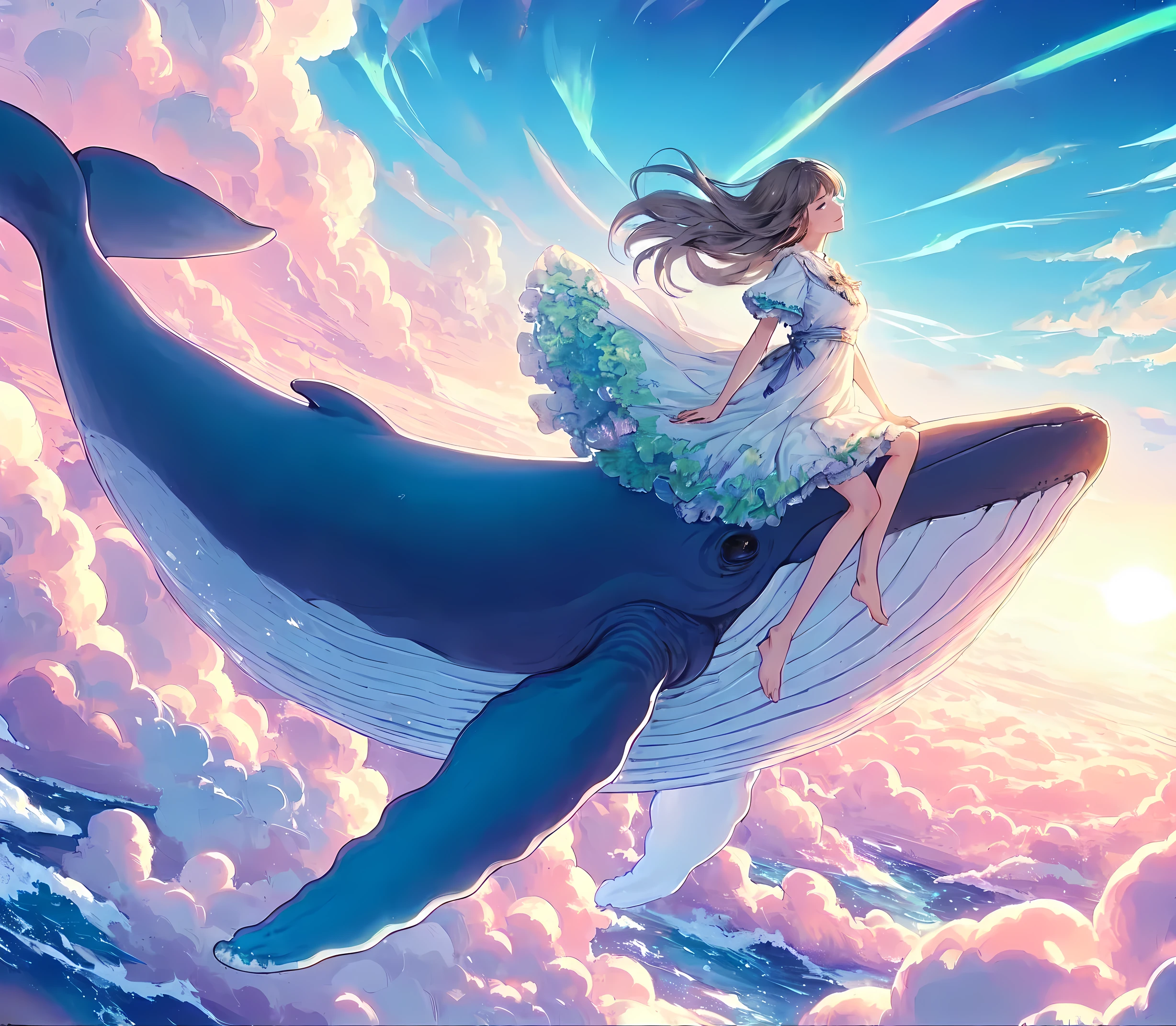 1lady solo, from side, (standing on whale's back), (arms spread wide), (elegant dress) (refreshing attire), (mature female:0.8), /(silver gray hair/) bangs, wind, light smile, (gazing into distance), (masterpiece best quality:1.2) delicate illustration ultra-detailed BREAK ((huge whale flying in the sky), (realistic whale) BREAK (vibrant sky) outdoors, (sea of clouds), at dusk, detailed background