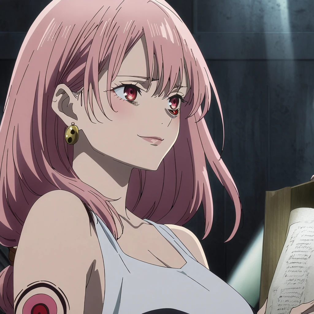 1girl, female sukuna, anime screencap from jujutsu kaisen, Sukuna female version, solo, long_hair, ((red eyes)) ((sukuna tatoo, extra eyes)) ((Pink_hair, hair parted from between)), night view, (hanging breasts) upper_body, smile, indoors, book, lips, (long hair) ((wearing black one piece, glossy)) breast, "very detailed and high resolution" (red eyes) ((solo)) (((front view))) (earings) ((high resolution)) ((good quality)) ((silky hair, hair slicled back from one side)) ((shy))