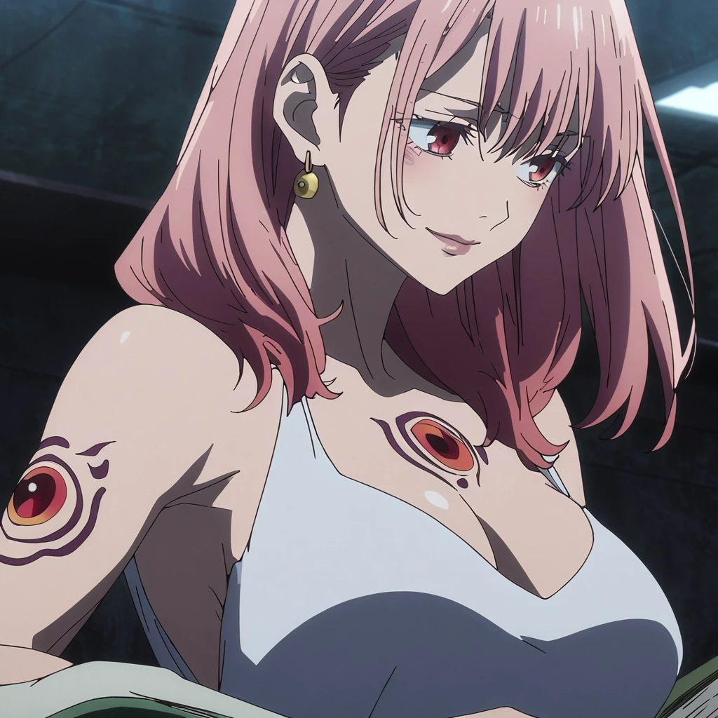 1girl, female sukuna, anime screencap from jujutsu kaisen, Sukuna female version, solo, long_hair, ((red eyes)) ((sukuna tatoo, extra eyes)) ((Pink_hair, hair parted from between)), night view, (hanging breasts) upper_body, smile, indoors, book, lips, (long hair) ((wearing black one piece, glossy)) breast, "very detailed and high resolution" (red eyes) ((solo)) (((front view))) (earings) ((high resolution)) ((good quality)) ((silky hair, hair slicled back from one side)) ((shy))