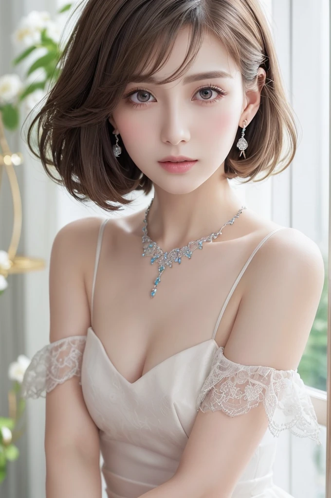 White blouse、(((Very elegant and beautiful、Perfect detail、Very detailed)))、whole body、The most detailed girl、Written boundary depth、美しく詳細なwhole body、Thin legs、One girl、30 years old、Very short hair、Spiked Hair、Gray and silver hair、Beautifully detailed hair、Perfect Face、Expressionless、Beautifully detailed deep eyes、Open your mouth a little、Delicate arms and hands、Pale skin、Earrings、Beautiful and gorgeous necklace、Colorful background、HD background、Blurred Background、Very delicate and beautiful、masterpiece、(((Highest quality、Very beautiful 8K CG wallpaper)))、(((Trendy hairstyles)))、(Inside the room、Stylish interior、window)、
