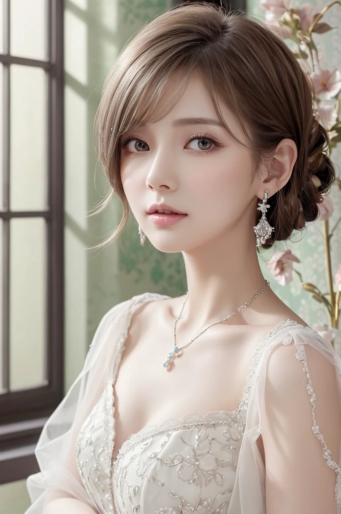 Dark Purple Lace Good, (((Very elegant and beautiful, Perfect detail, Very detailed))), whole body, The most detailed girl, Written boundary depth, 美しく詳細なwhole body, Thin legs, 1 Girl, 30 years old, Very short hair, Spiked Hair, Gray and silver hair, Beautiful detailed hair, Perfect Face, Expressionless, Beautiful, detailed, deep eyes, Please open your mouth a little, Delicate arms and hands, Pale skin, Earrings, Beautiful and gorgeous necklace, Colorful background, HD background, Blurred Background, Very delicate and beautiful, masterpiece, (((Highest quality, Very beautiful 8K CG wallpaper))), (((Trendy hairstyles))), (Inside the room,Stylish interior,window),