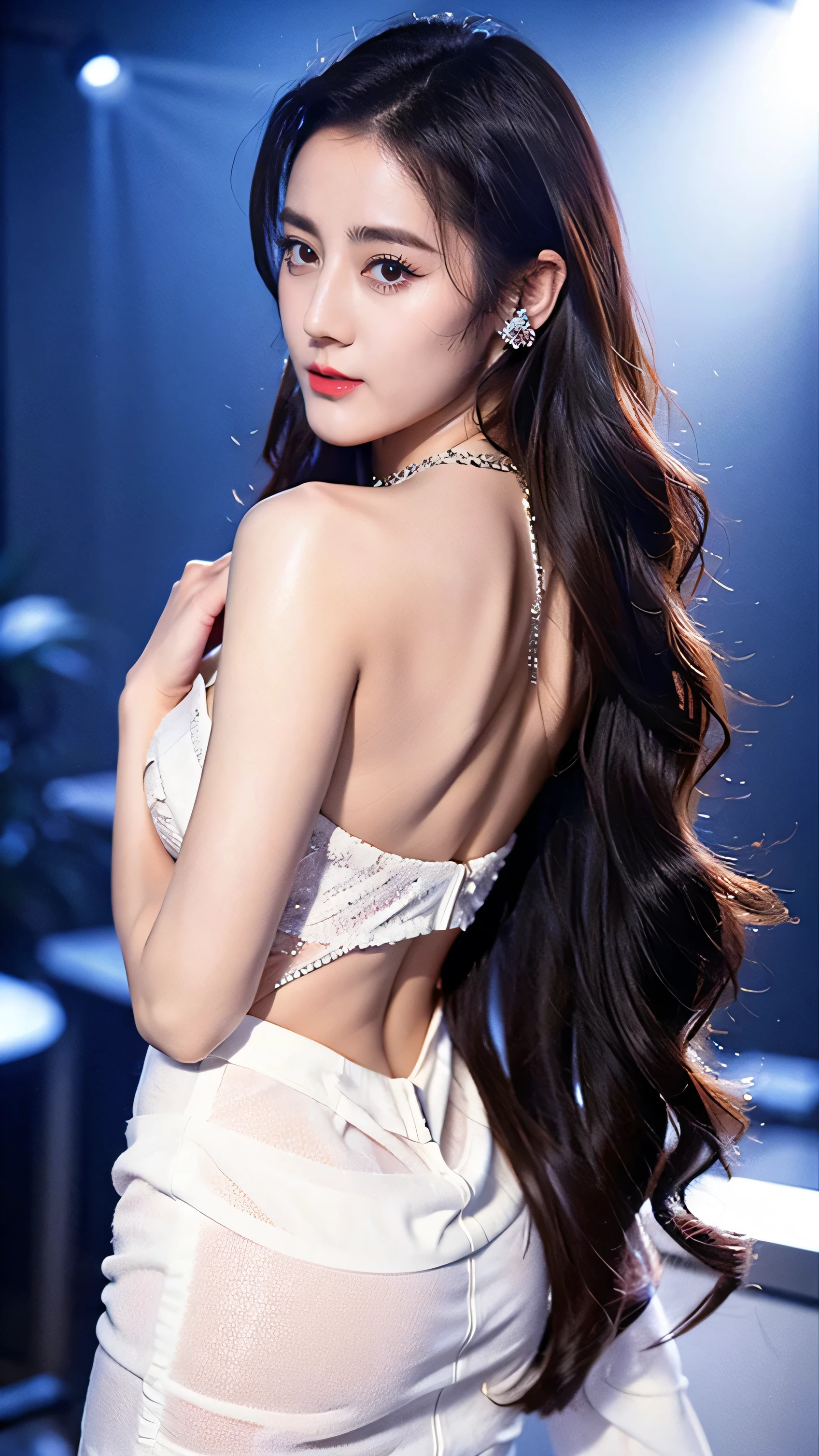Ultra HD resolution,Artistic Photo,photography,21-year-old girl,earrings,Long hair,black background,Black backless dress,necklace,Cowboy shooting,H Cup,Showing cleavage,Expose more breasts,Amazing breast size,nipple,Expose the areola,Breast enlargement,Smooth and beautiful back,Completely bare back,Cool white skin,Big buttocks,Silk clothes,Messy hair,Messy hair,Translucent clothing,Ruddy complexion,The clothes are relatively transparent