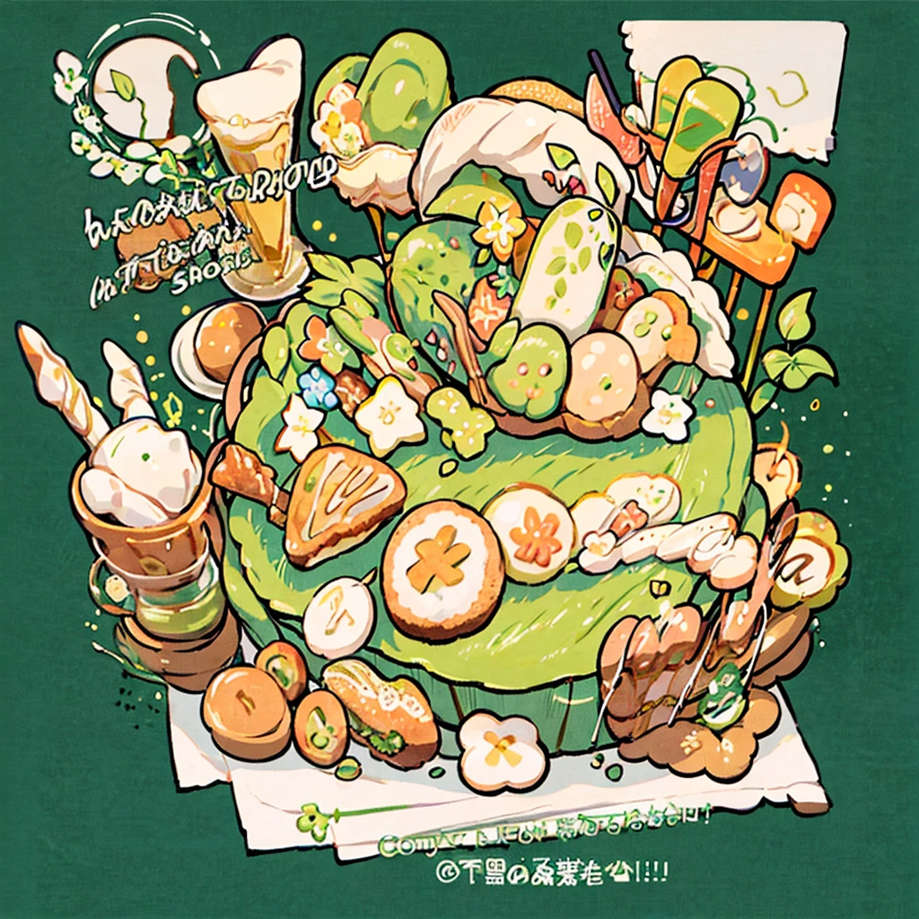 cute artstyle, matcha cake, milky, matcha green bread, bakery shop, theme, bread & cookies, green bread, paper bag filled with lots of bread , food menu list