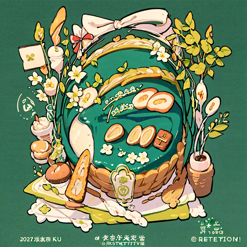 cute artstyle, matcha cake, milky, matcha green bread, bakery shop, theme, bread & cookies, green bread, paper bag filled with lots of bread , food menu list