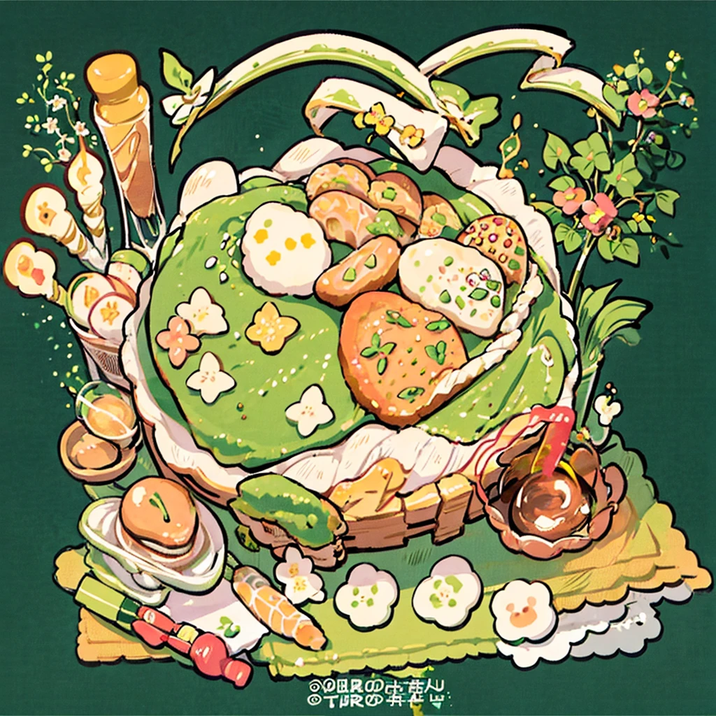 cute artstyle, matcha cake, milky, matcha green bread, bakery shop, theme, bread & cookies, green bread, paper bag filled with lots of bread , food menu list