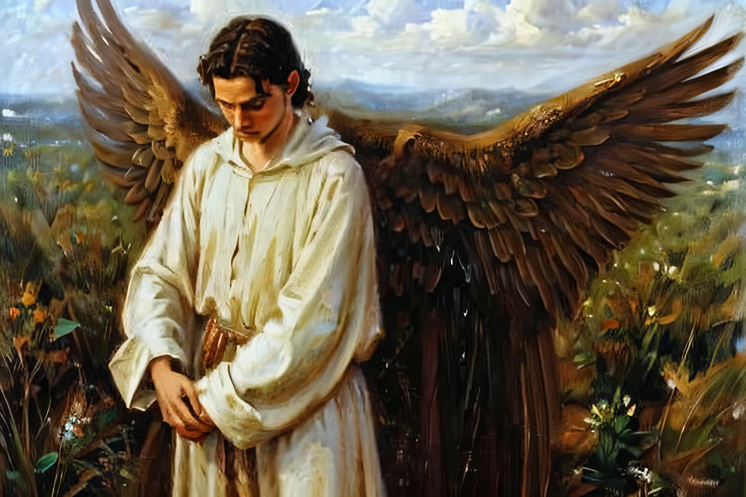 fallen male angel with big whitee wings praying to god in heaven, sky background, high detail, oil painting style