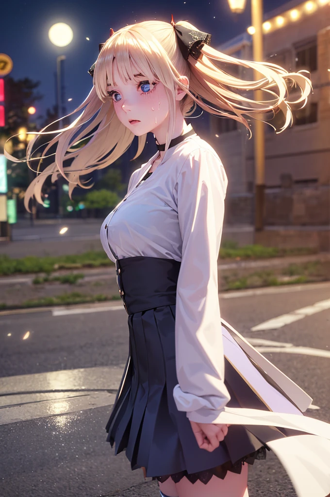 One girl,masterpiece,Highest quality,Blonde,stockings,Checked skirt),Short skirt JK,,Are standing,In total length,Medium chest,Very detailed,[[Realistic]],Beautiful and attractive anime ,Enchanting anime girl,Swinging skirt,blue eyes, hair ornaments, Hair Ribbon,Show your forehead、Twin tails、Random colored see-through  uniform、Lace choker, short hair,,No bra,,Very detailed肌, Realistic texture、Very detailed顔, (Beautiful Fine Eyes, ,The girl has a toned figure., Intricate details,Closely、Embarrassed expression、blush、Shining Sweat、Perfect Skin,Sweat is noticeable,胸の谷間のSweat is noticeable、太もものSweat is noticeable、 Fair skin,Tight waist, Sweating profusely、Sweaty hair、Clothes that become transparent due to sweat、Sweaty、Visible sweat、Sweat-soaked hair、Athlete System、Cherry blossoms fluttering down、Silver Hair、Night cityscape。Reflection of light、moonlight、No sleeve、