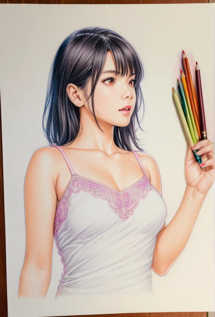 female,short camisole,white,Art,ad,colour pencil drawing,draft drawing